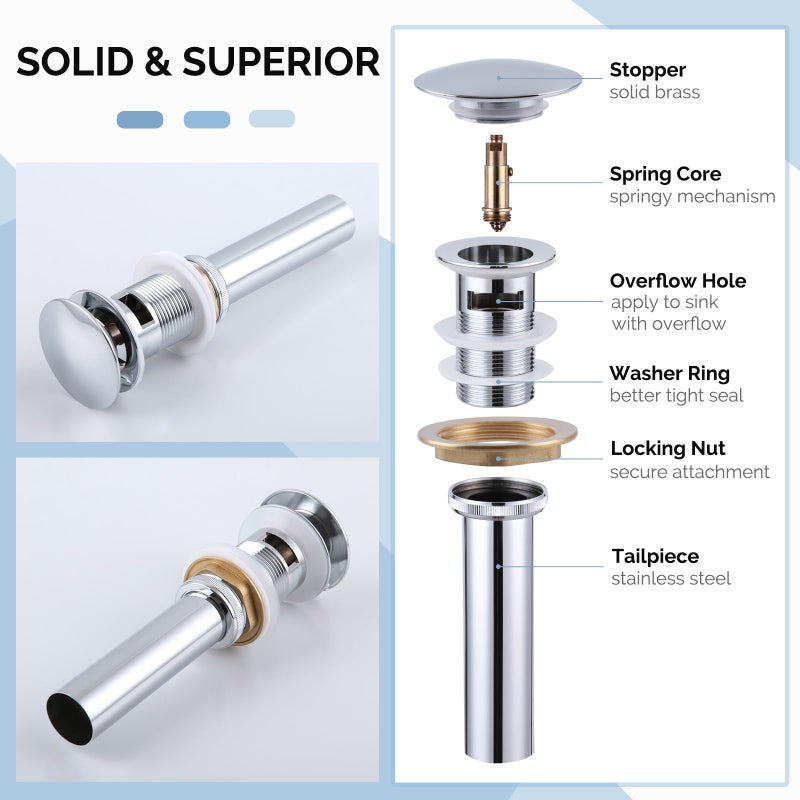 Angle Simple Bathroom Sink Drain, Angle Simple Brass Pop Up Drain Stopper, Vessel Sink Drain with Overflow, Lavatory Vanity Sink Drain Stoppers Chrome - Image 5